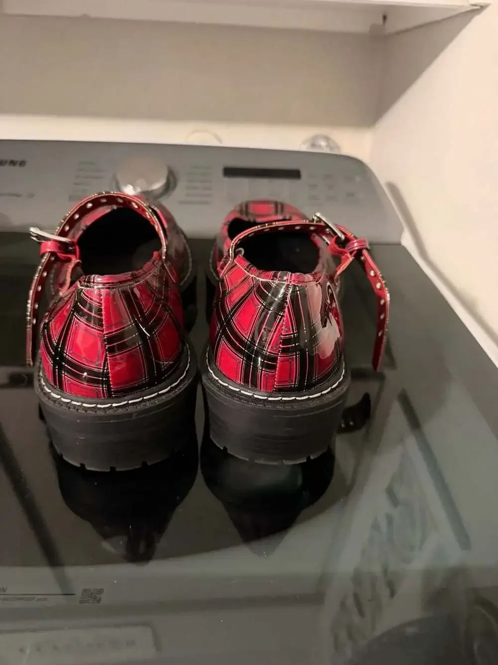 Extra wide Torrid Red Plaid Patent Mary Jane Lug Sole Platform
